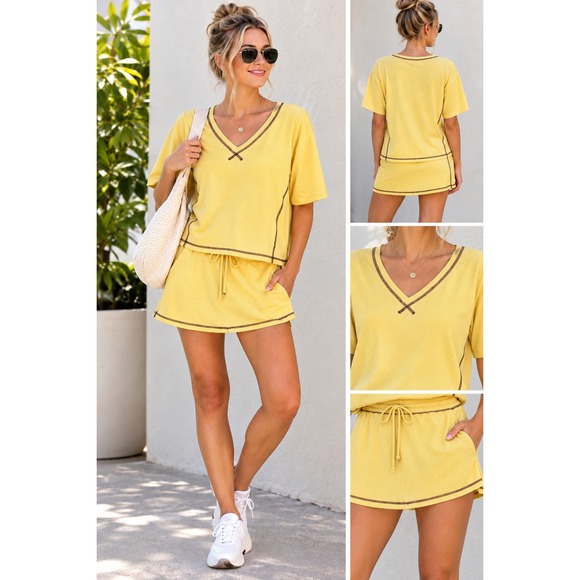 Dresses & Skirts - Womens Yellow 2 Piece Skort Set V-Neck Top Activewear Athleisure Small